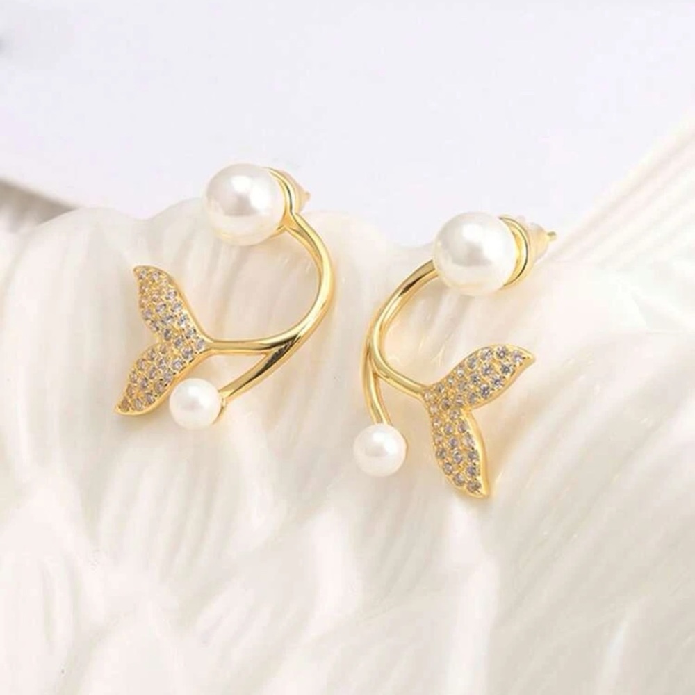 New Gold 14k plated Elegant Pearl Fish Mermaid Tail Earrings